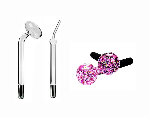 Kit Facial Eletrodo Cebolão, Eletrodo Cauterizador E Par Esfera Rosa Gliter