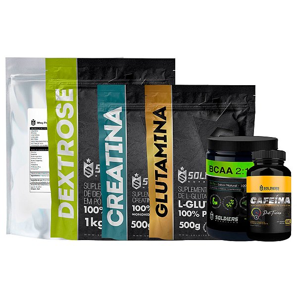 Kit: Whey Protein Isolado 2Kg + Creatina 500g + BCAA 250g + Dextrose 1Kg + Glutamina 500g + Cafeína - 100% Importado