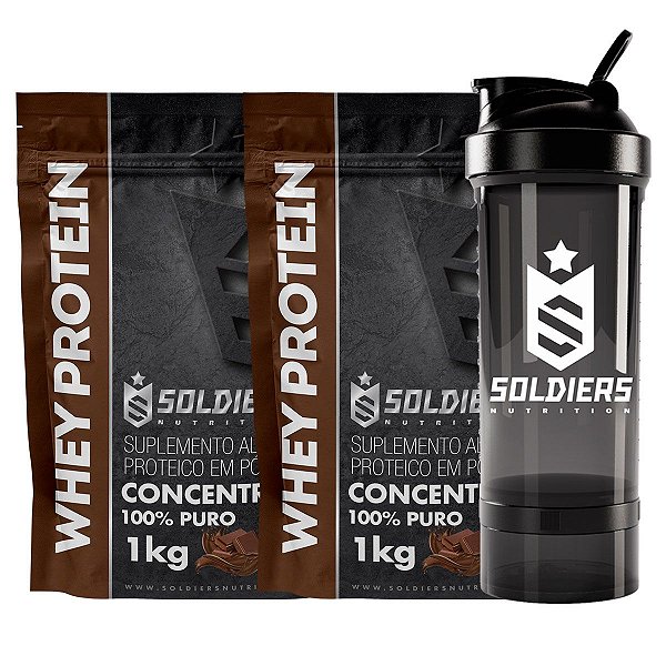 Kit: 2 Whey Concentrado 60% 1kg + 1 Coqueteleira Pro 700ml - Soldiers Nutrition