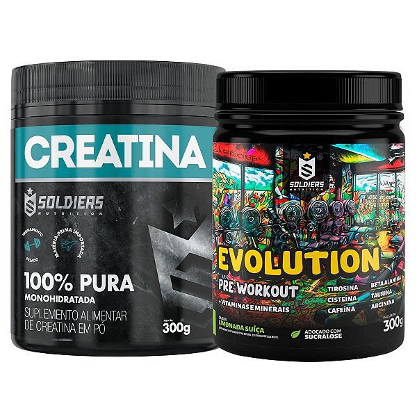 Kit: Creatina Monohidratada Pote 300g 100% Pura + Pré Treino Evolution 300g - Soldiers Nutrition