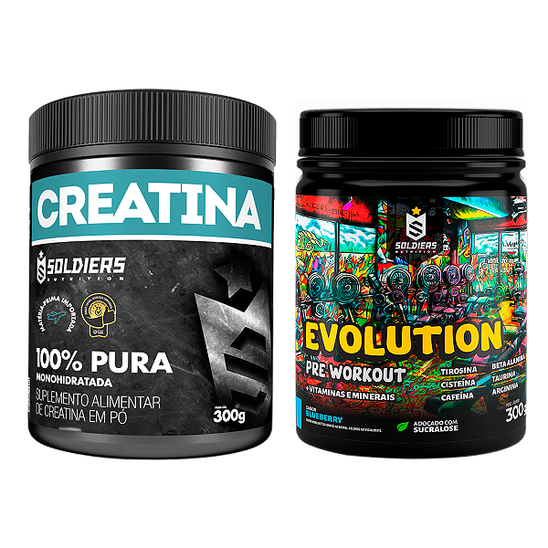 Kit: Creatina Monohidratada Pote 300g 100% Pura + Pré Treino Evolution 300g - Soldiers Nutrition