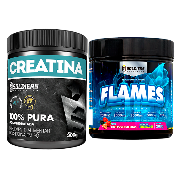 Kit: Creatina Monohidratada Pote 300g 100% Pura + Pré-Treino Flames 200g - Soldiers Nutrition