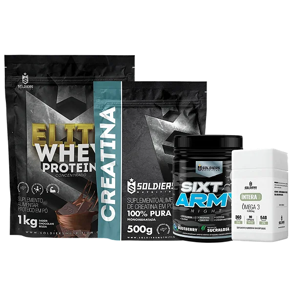 Kit: Elite Pro Whey Concentrado 80% 1kg + Creatina 500g + Pré-treino Sixty Army + Ìntera Ômega3