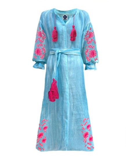 VESTIDO VALENTINA GAZE DE LINHO AZUL CLARO BORDADO  ROSA CHICLETE G