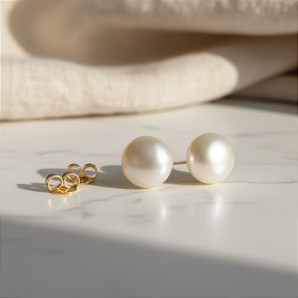 Brinco Ouro 18k Pérola Natural Biwa Botão 10mm