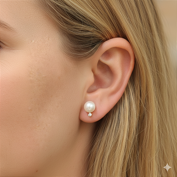 Brinco Ouro 18k Pérola Natural Biwa Botão 8mm com Pedrinha