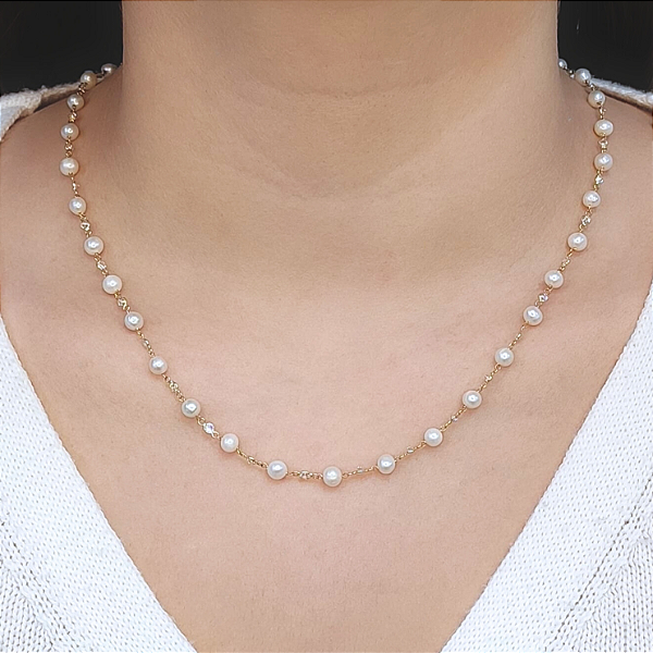 Colar Ouro 18k Pérolas Naturais e Zircônias Juntas