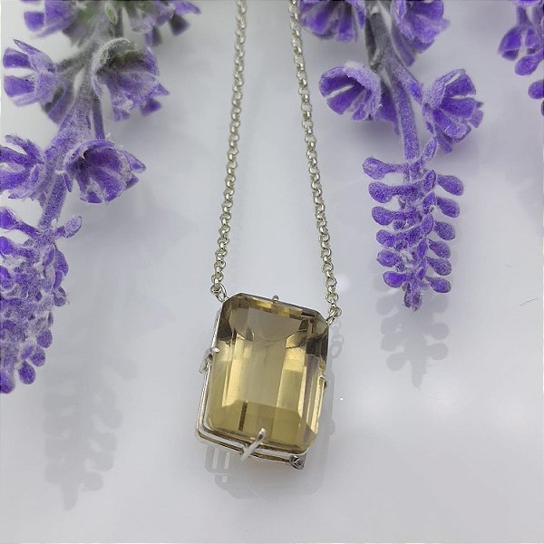 Colar Prata Octogonal Natural Cristal Fumê