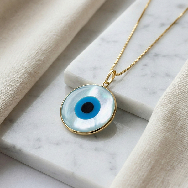 Pingente Olho Grego 15mm Madrepérola Ouro 18k