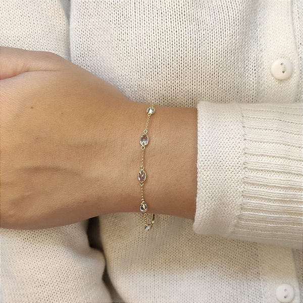 Pulseira Ouro 18k Oval Zircônia Branca