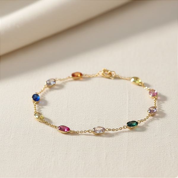 Pulseira Ouro 18k Oval Zircônias Coloridas