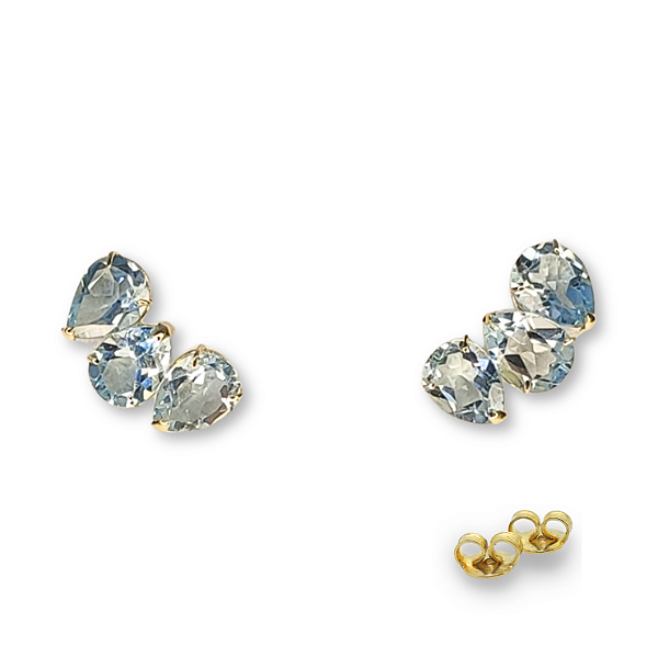 Brinco Ouro 18k Earcuff Trio Gotas Naturais Topázio Sky