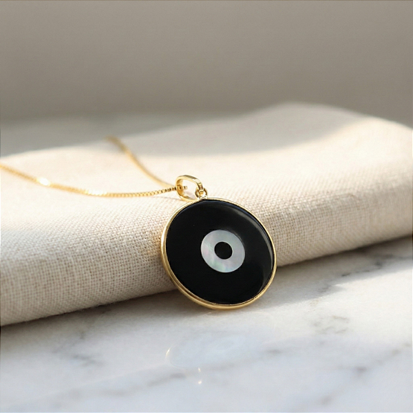Pingente Olho Grego 15mm Preto Ouro 18k