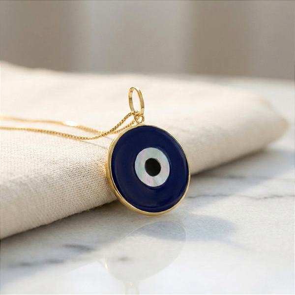 Pingente Olho Grego 15mm Azul Escuro Ouro 18k