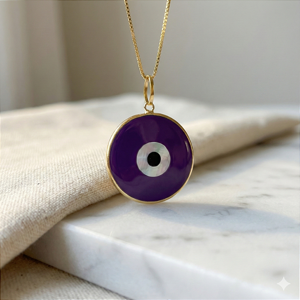 Pingente Olho Grego 15mm Roxo Ouro 18k