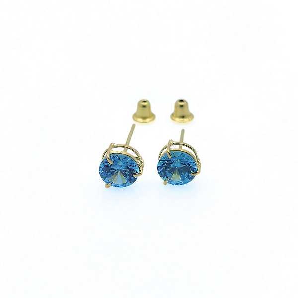 Brinco Ouro 18k Ponto de Luz Redonda 5mm Zircônia Azul