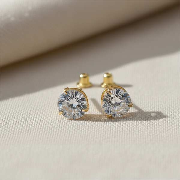 Brinco Ouro 18k Ponto de Luz Redonda 6mm Branca