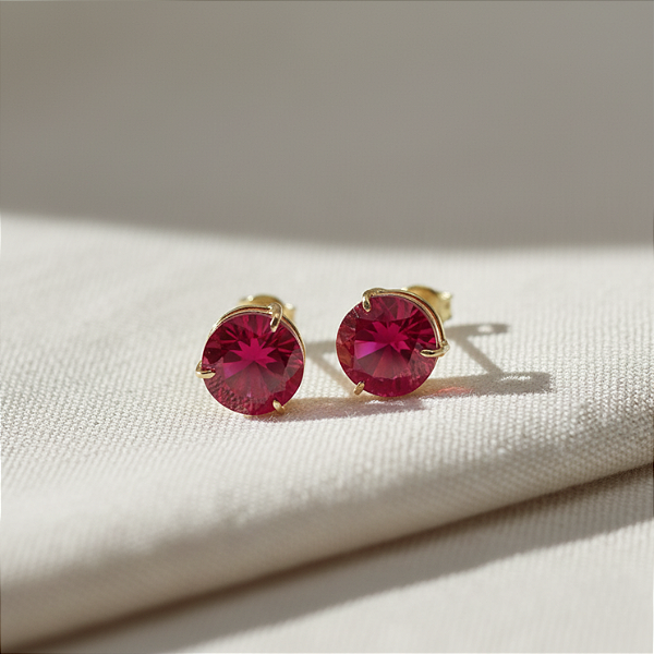 Brinco Ouro 18k Ponto de Luz Redonda 6mm Vermelho