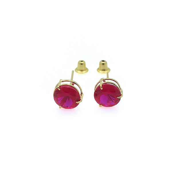 Brinco Ouro 18k Ponto de Luz Redonda 6mm Vermelho