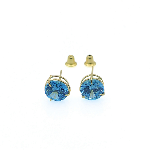 Brinco Ouro 18k Ponto de Luz Redonda 6mm Zircônias Azul