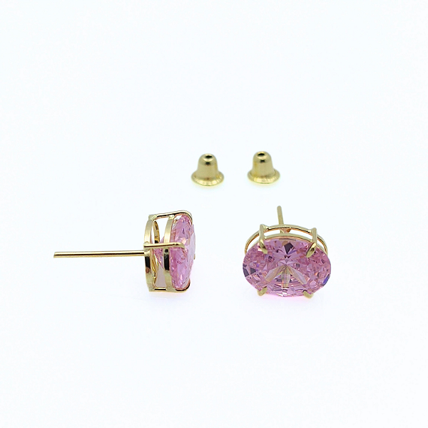 Brinco Ouro 18k Ponto de Luz Oval 6x8mm Rosa