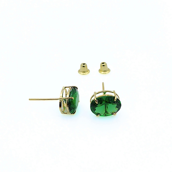 Brinco Ouro 18k Ponto de Luz Oval 6x8mm Verde Esmeralda