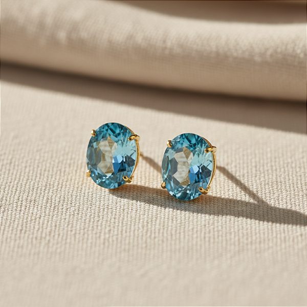 Brinco Ouro 18k Ponto de Luz Oval 6x8mm Zircônia Azul