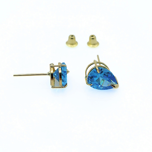 Brinco Ouro 18k Ponto de Luz Gota 6x8mm Zircônia Azul