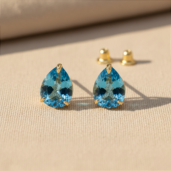 Brinco Ouro 18k Ponto de Luz Gota 6x8mm Zircônia Azul