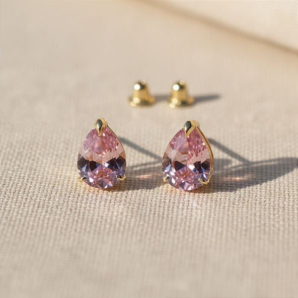 Brinco Ouro 18k Ponto de Luz Gota 6x8mm Rosa