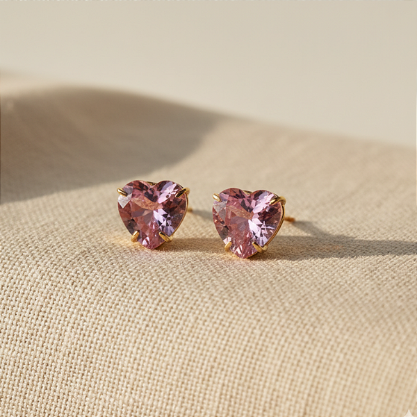 Brinco Ouro 18k Ponto de Luz Coração 6mm Rosa