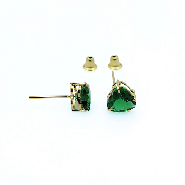 Brinco Ouro 18k Ponto de Luz Coração 6mm Verde Esmeralda