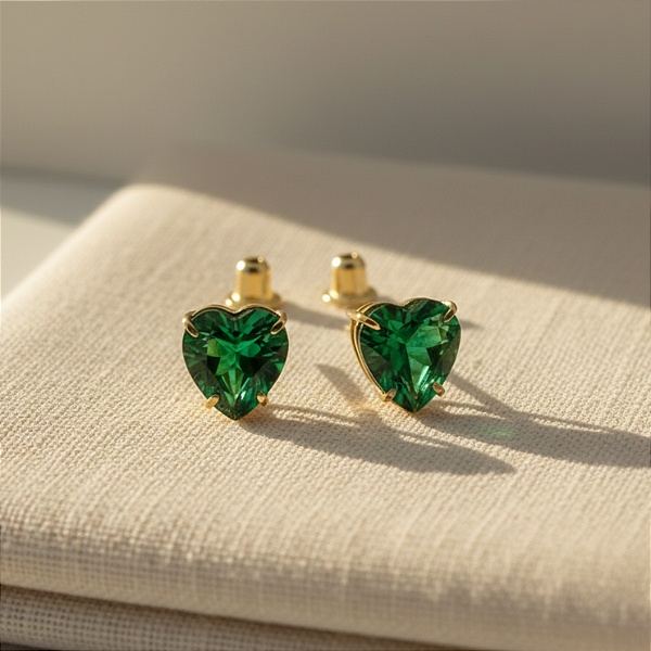Brinco Ouro 18k Ponto de Luz Coração 6mm Verde Esmeralda