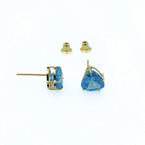Brinco Ouro 18k Ponto de Luz Coração 6mm Zircônia Azul