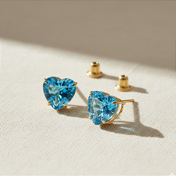 Brinco Ouro 18k Ponto de Luz Coração 6mm Zircônia Azul