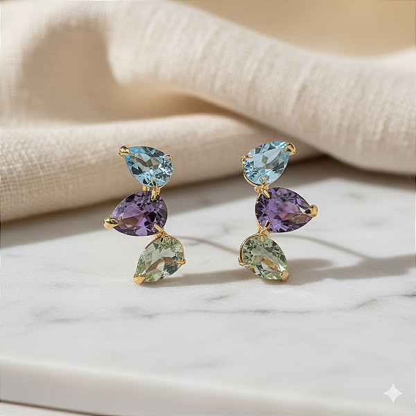 Brinco Ouro 18k Earcuff Trio Gotas Naturais Ametistas e Topázio Sky