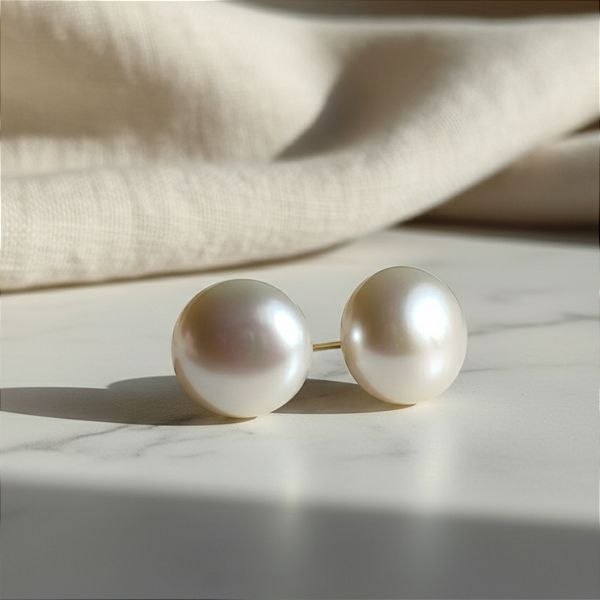 Brinco Ouro 18k Pérola Natural Biwa Botão 12mm