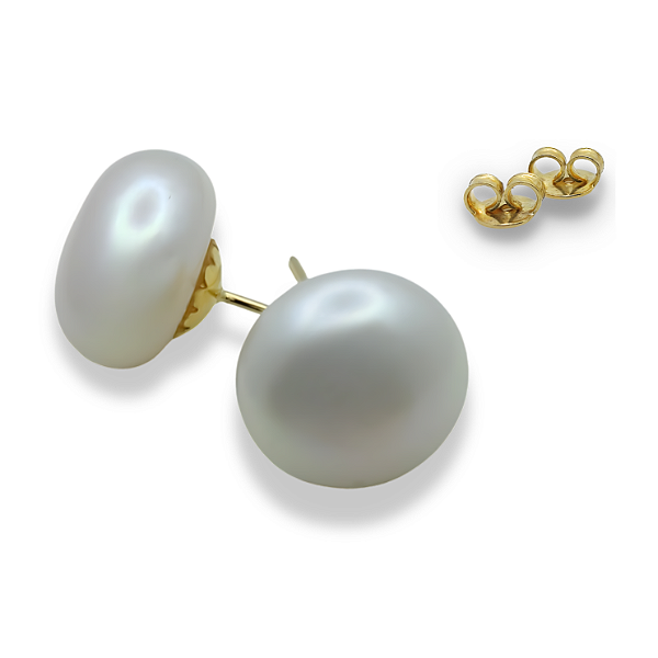 Brinco Ouro 18k Pérola Natural Biwa Botão 12mm