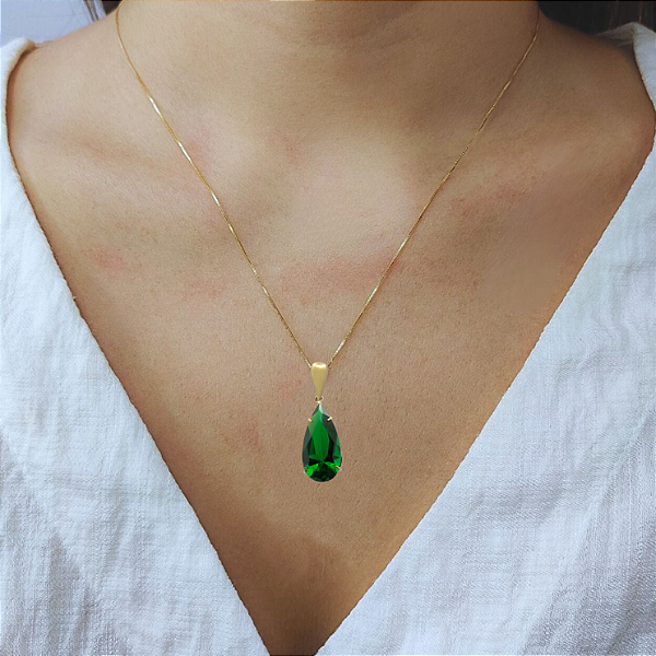 Pingente Ouro 18k Gota Alongada Verde Esmeralda