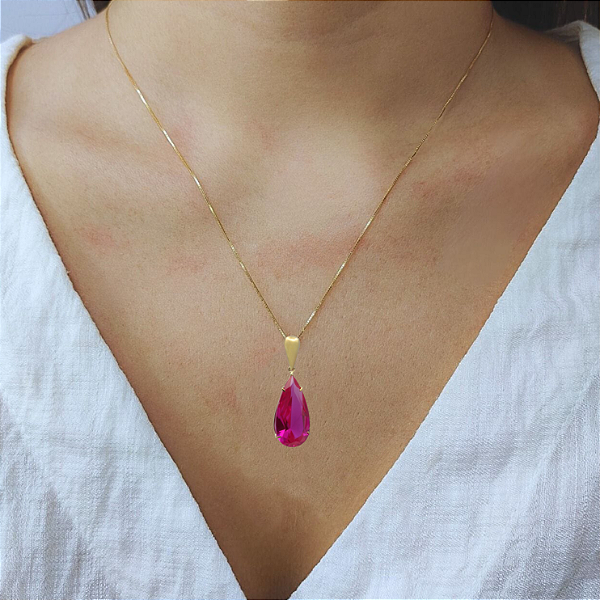 Pingente Ouro 18k Gota Alongada Magenta