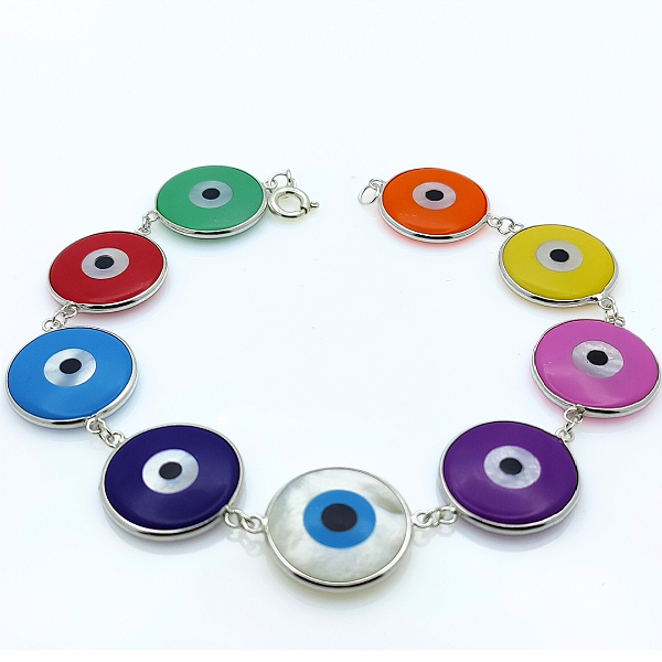 Pulseira Prata Olho Grego Coloridos 15mm Juntos