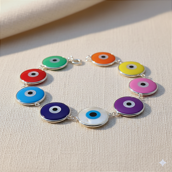Pulseira Prata Olho Grego Coloridos 15mm Juntos