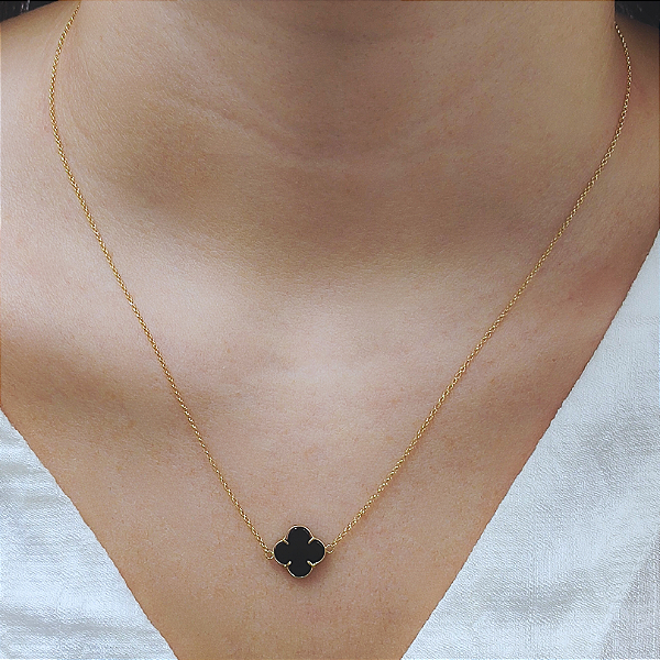 Colar Ouro 18k Trevo Ônix