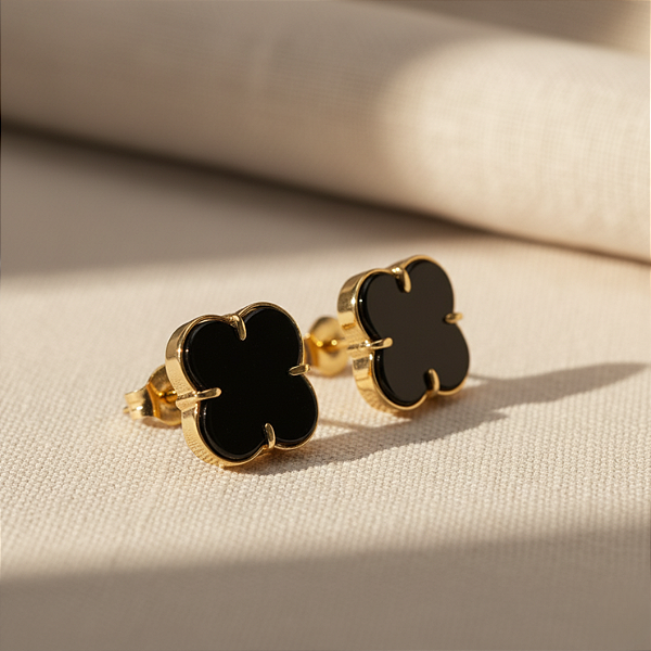 Brinco Ouro 18k Trevo Ônix