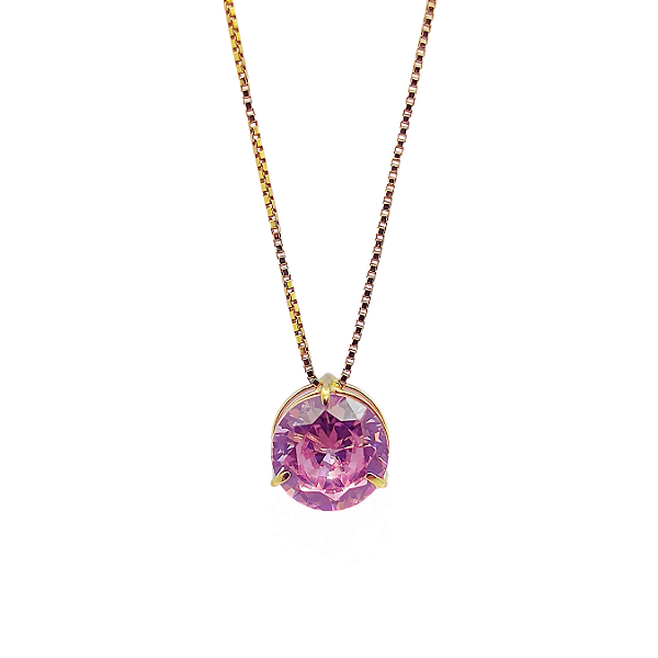 Pingente Ouro 18k Ponto de Luz Redonda 6mm Zircônia Rosa