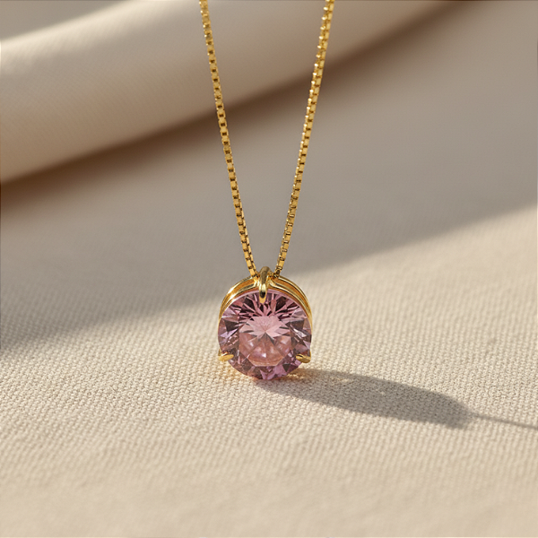 Pingente Ouro 18k Ponto de Luz Redonda 6mm Zircônia Rosa