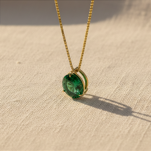 Pingente Ouro 18k Ponto de Luz Redonda 6mm Verde Esmeralda