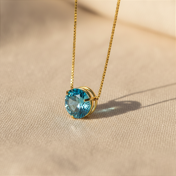 Pingente Ouro 18k Ponto de Luz Redonda 6mm Zircônia Azul