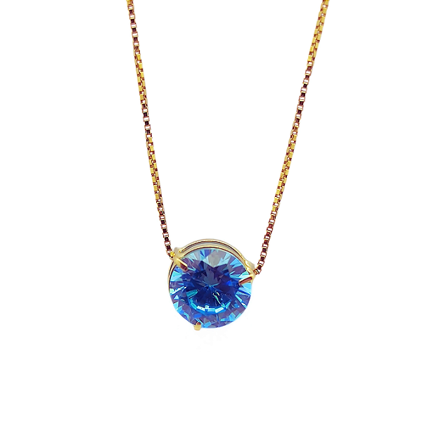 Pingente Ouro 18k Ponto de Luz Redonda 6mm Zircônia Azul
