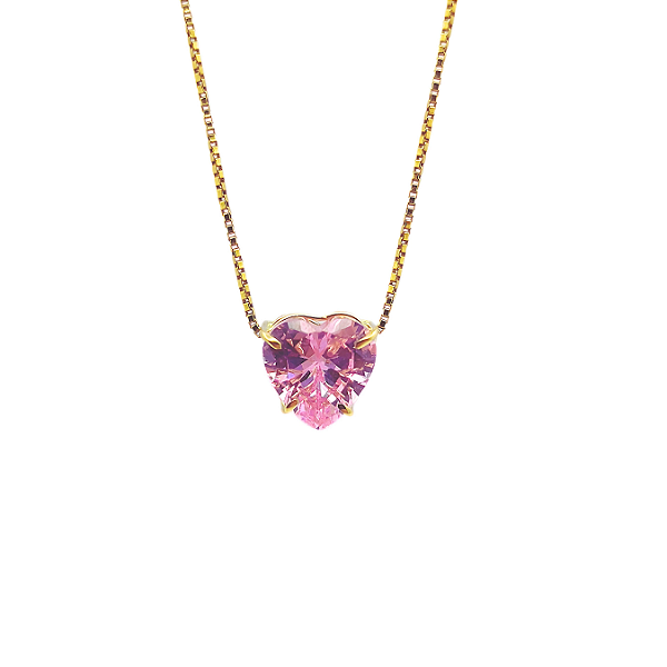 Pingente Ouro 18k Ponto de Luz Coração 6mm Zircônia Rosa